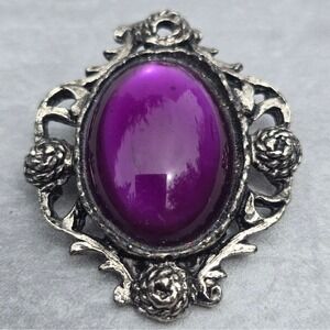 Vintage Purple Cabochon Brooch Silver Tone Floral Victorian Style Pin